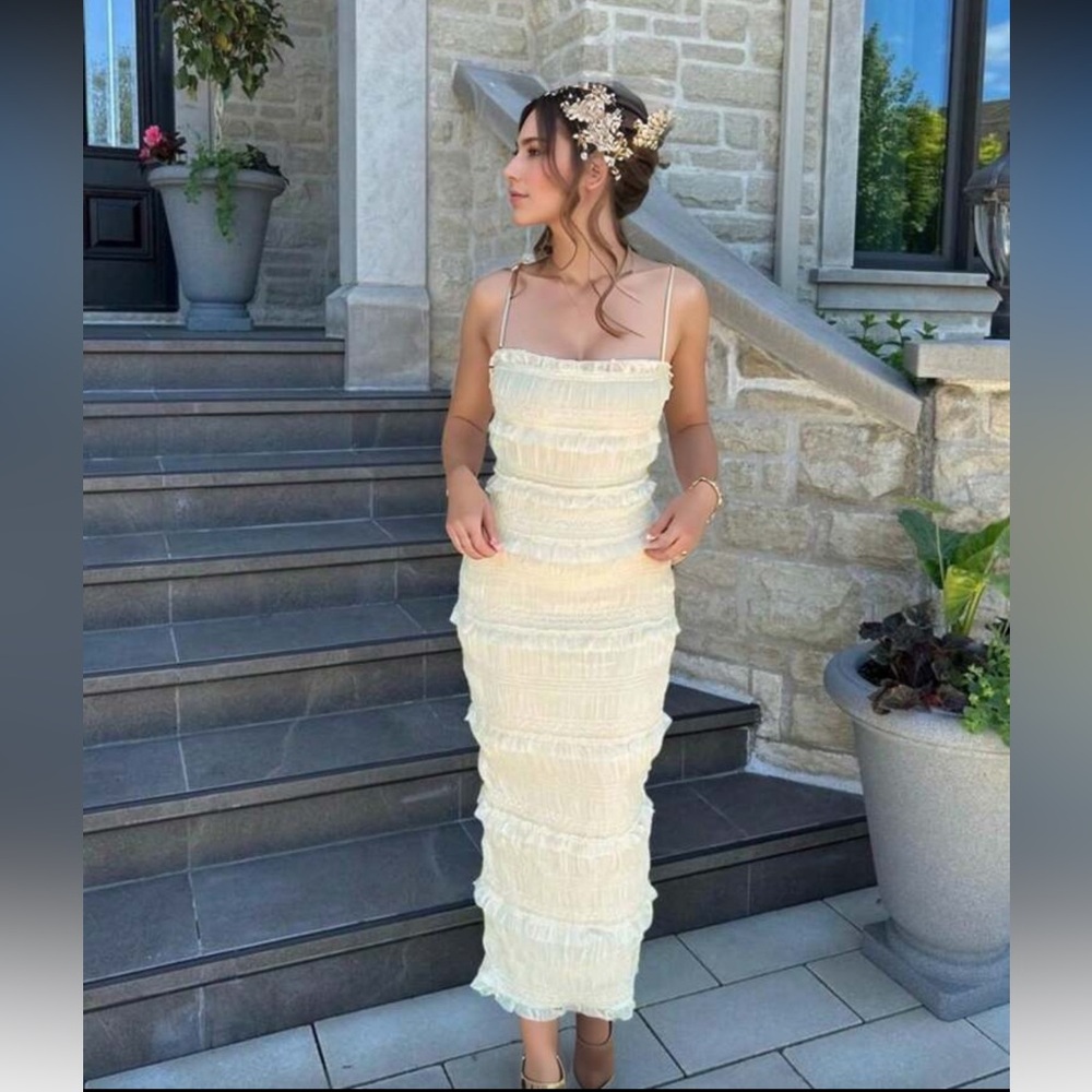 SHEIN Cream Ruffled Midi Dress